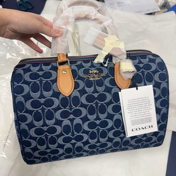 NWT Coach Rowan Large Satchel Bag in Signature Denim Canvas Cherry Charm CY699